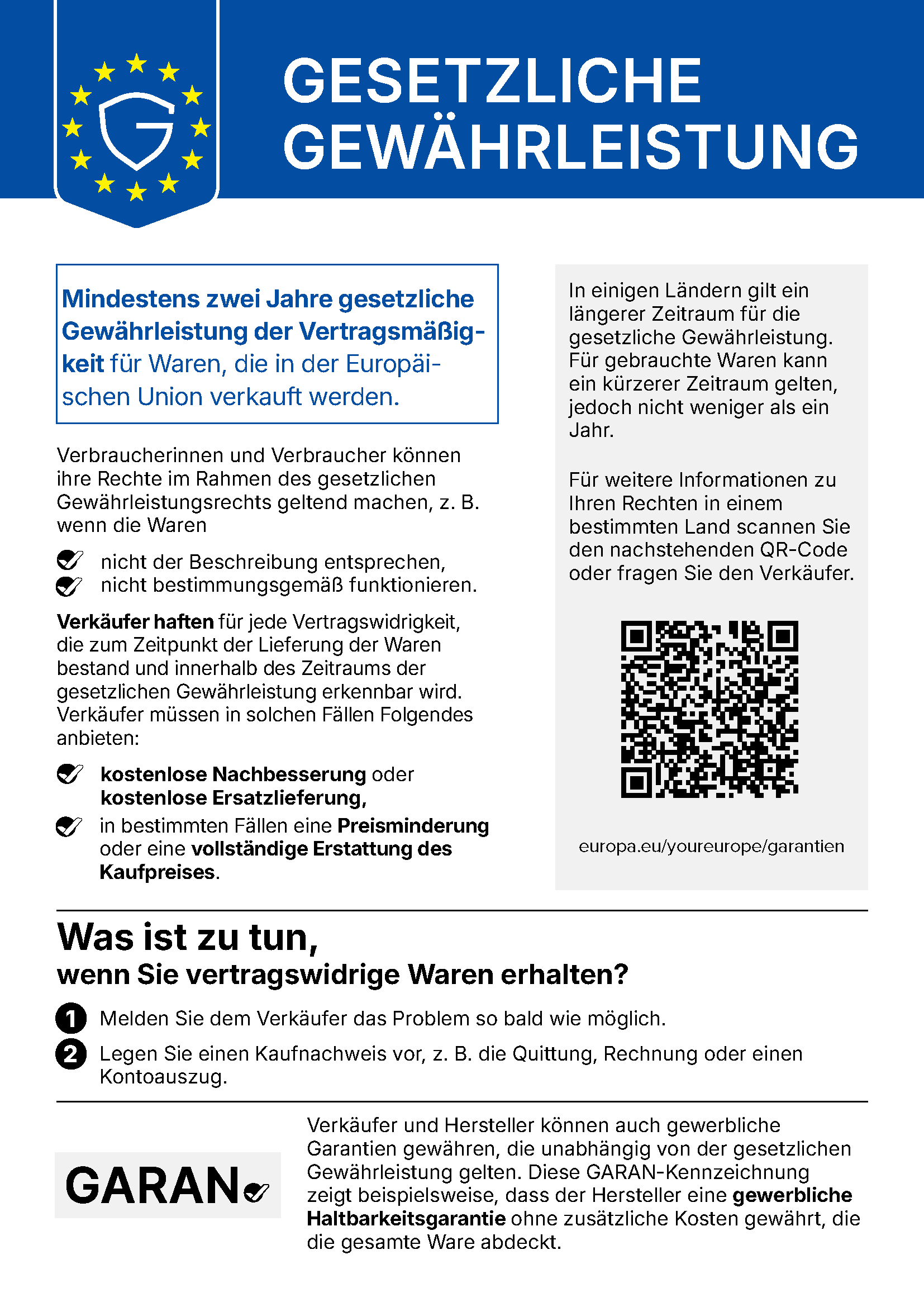 EU-Hinweis: Gesetzliche Gewährleistung – mindestens zwei Jahre gesetzliche Gewährleistung für Waren, die in der EU verkauft werden.
